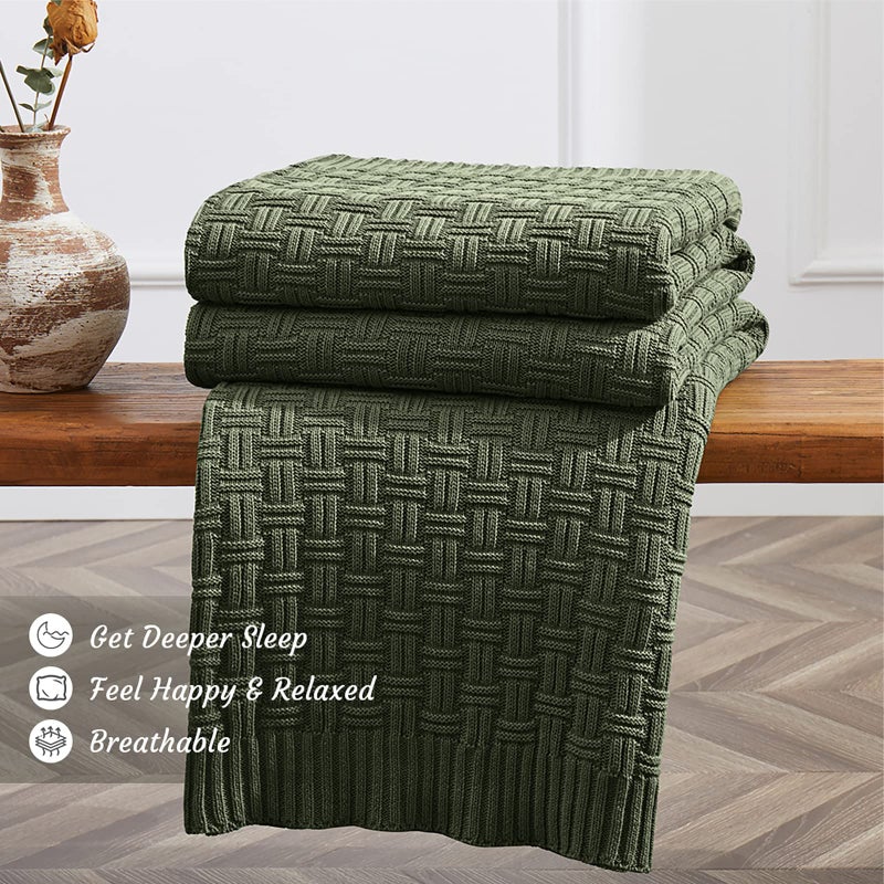 TREELY 100% Cotton Knitted Throw Blanket Couch Cover Blanket(60 x 80 Inches, Green Forest) - Image 3